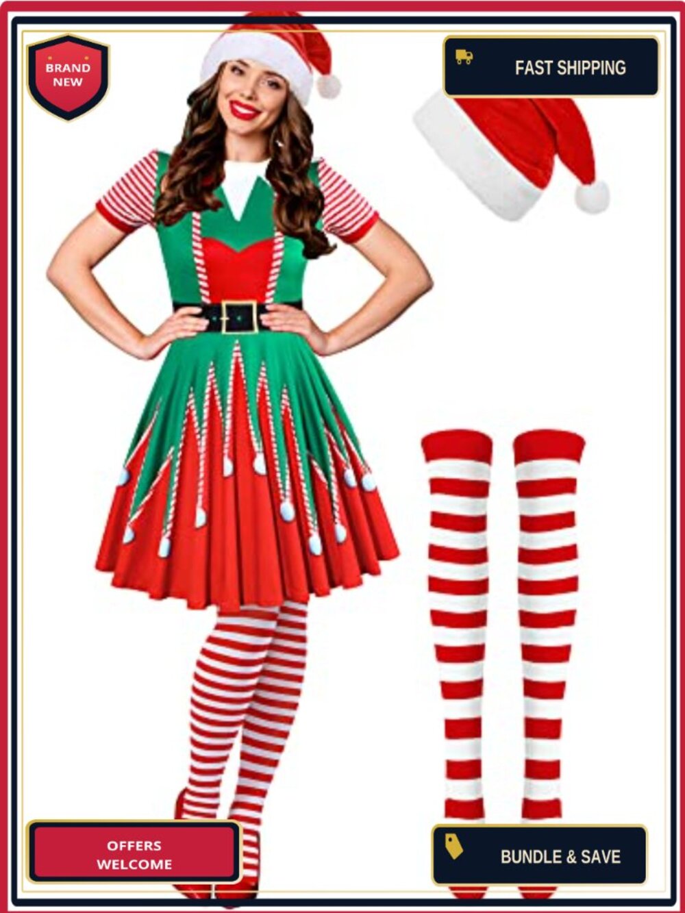 Women's Christmas Elf Costume Set Dress Hat Thigh High Socks Holiday Party